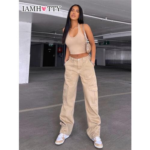 Vintage Khaki Wide Leg Cargo Jeans High Waist Big Pockets Baggy Denim Trousers Casual Oversized Pants Street Sweatpants Iamhotty