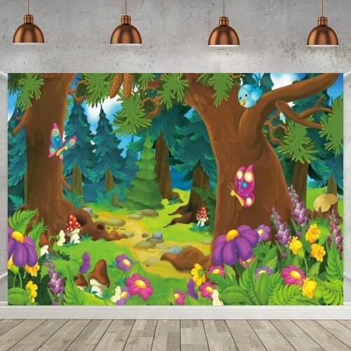 Cartoon Forest Newborn Baby Shower Jungle Party Backdrop Mushroom Flowers Kis Birthday Background Photography For Table Decor