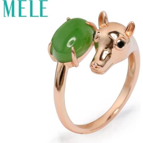 Green hetian jade 925 Sterling Silver ring for women and girl,Cute animal deer shape gemstone trendy jewelry