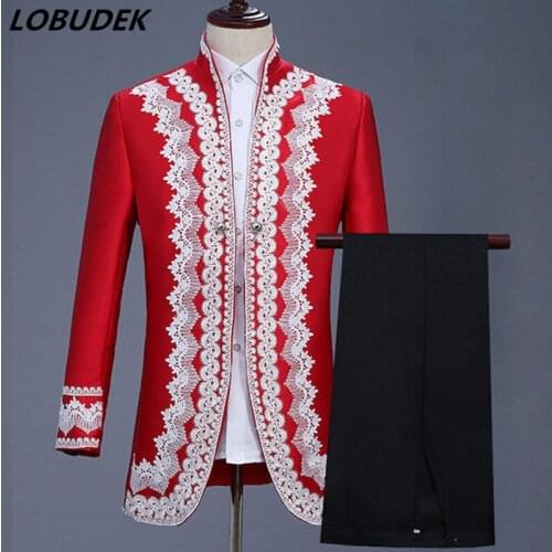 Men England Style Court Dress Red Embroidery 2 Colors Blazers Suits Wedding Groom Stage Costume Prom Party Singer Chorus Costume