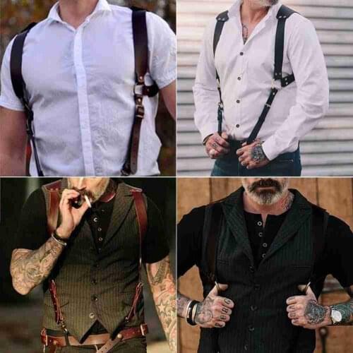 2 Colors Mens Leather Vest Straps Braces PU Belts Adjustable Vintage Mens Chest Mens Harness Suspender Brace Straps Buckle