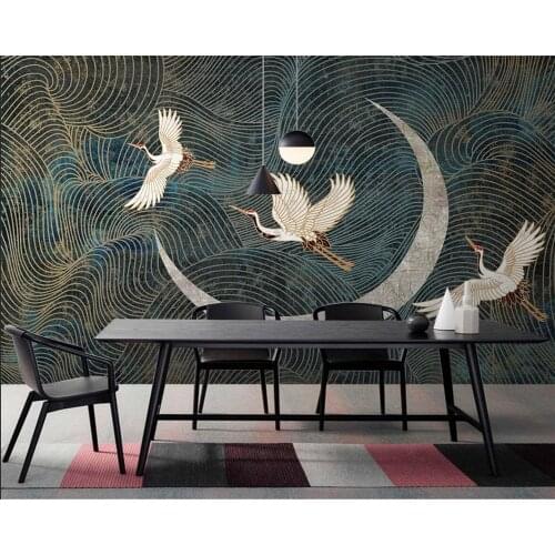 Beibehang Custom wallpaper new Chinese style abstract lines pine tree crane moon background wall living room TV sofa study room