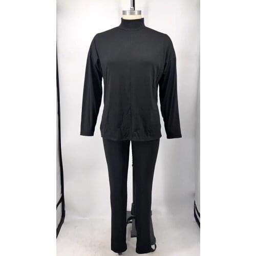 OEM Fall High-neck solid color split long-sleeved trousers ladies casual sports plus size women clothing