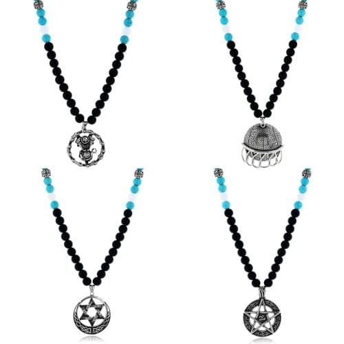 10MM Glass Beaded Necklace Stainless Steel Hexagram Motorcycles Engine Basketball Pendant Necklace For Mens Womens