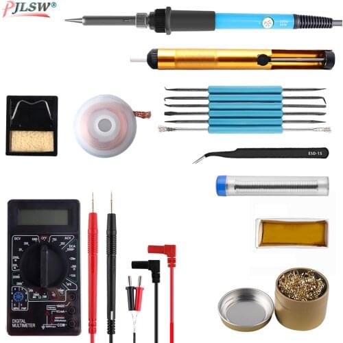 110/220V 60W Adjustable Temperature Soldering Iron Kit Digital Multimeter Soldering Tips Desoldering Pump Cutter Solder Tool