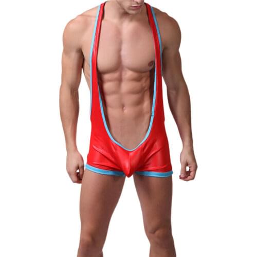 Sexy Men Bodysuits Jock Strap Faux Leather Erotic Gay Jumpsuits Boxers Wrestling Singlet Catsuits Lingerie Gay Underwear
