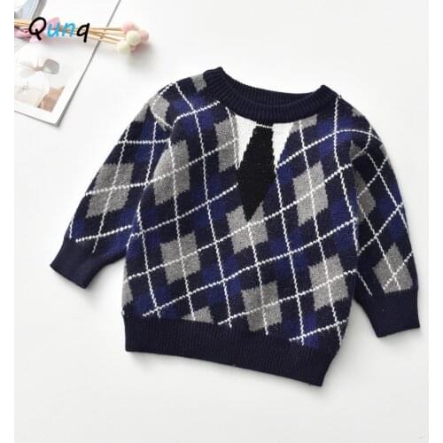Qunq 1-6T Toddler Kid Boy Clothes Winter Spring Warm Pullover Tops Long Sleeve Rhombus Children Sweater Knitted Gentleman Outfit