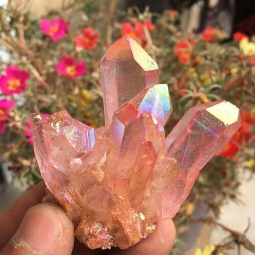 Rare beautiful rose flame aura quartz crystal cluster specimen 60-70
