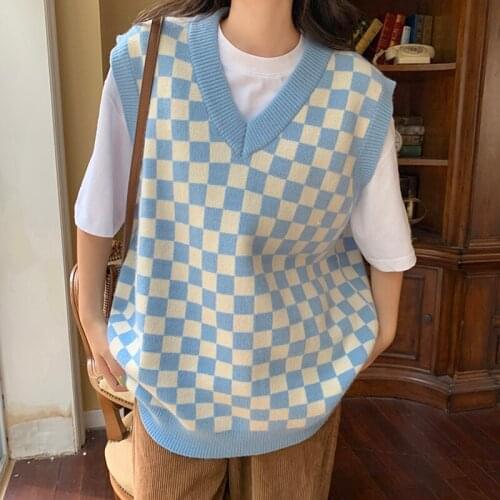 Harajuku Loose Plaid Sweater Vest Vintage Autumn Winter Top Women Knitted Vest Casual Streetwear Clothes