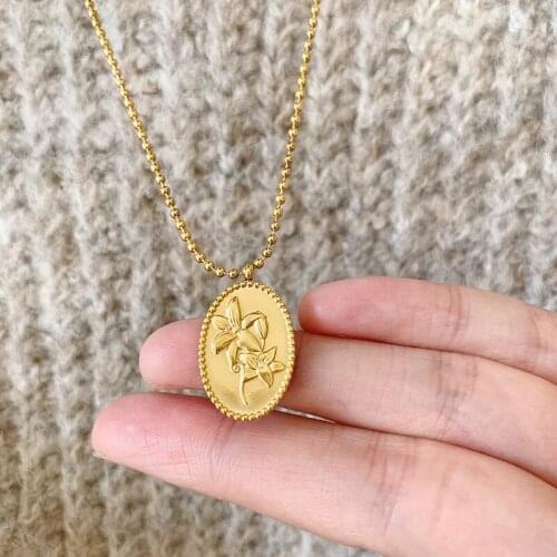 YUN RUO 316 L Titanium Steel 18 K Gold Plated Greenish Lily Flower Pendant Necklace Woman Jewelry Fashion Accessory Never Fade