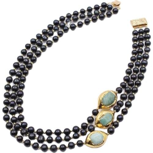 GuaiGuai Jewelry 3 Strands Natural Black Pearl Freedom Shape Gold Plated Green Amazonite Nugget Necklace Handmade For Women