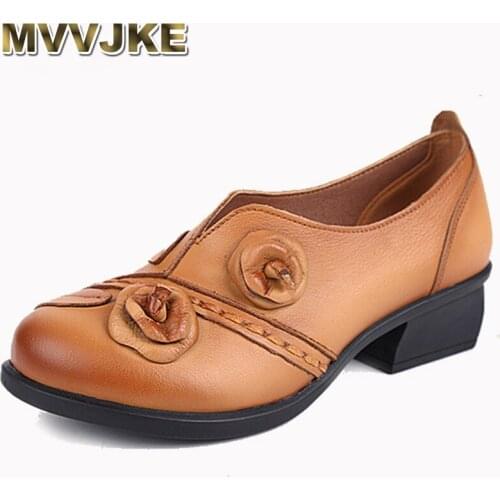 MVVJKE 2018 Handmade Shoes Women Chunky Heels Pumps Round Toe High Heels Genuine Leather Sandals E134