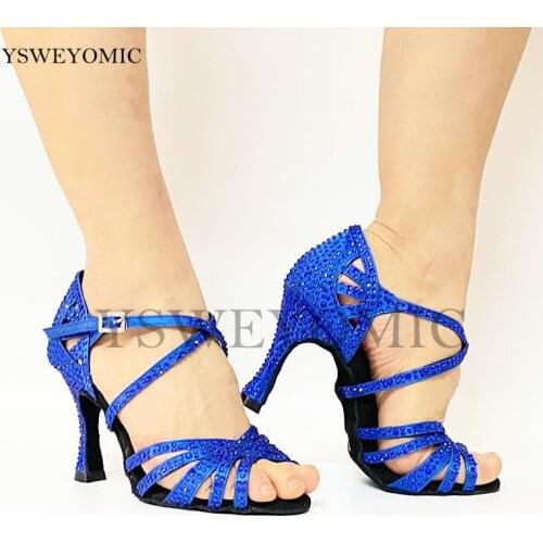 Latin Salsa Women Dance Shoes Navy Blue Crystal Satin Comfortable Customized Heel 9cm 3inch Bachata Latin Dance Shoes Lady