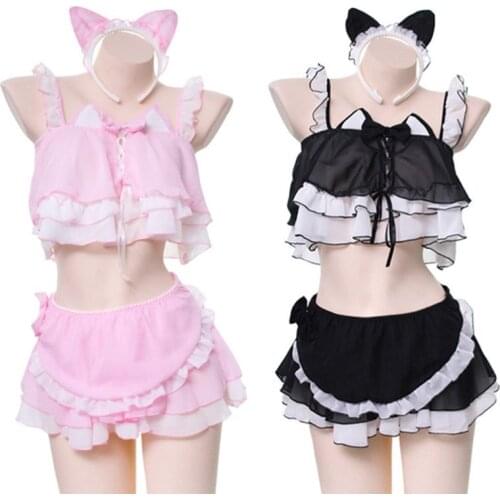 Coslony Womens Cat Ears Cosplay Lingerie Set Lolita Anime Chiffon Ruffles Crop Top Skirt Apron Sexy Maid Costume Uniform