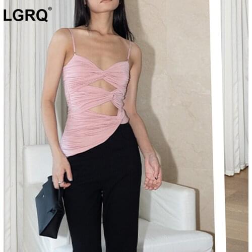 [LGRQ] Women Pink Color Bandage Sexy Skinny Tank Tops New Sleeveless Personality Fashion Tide Spring Summer 2021 19D2481