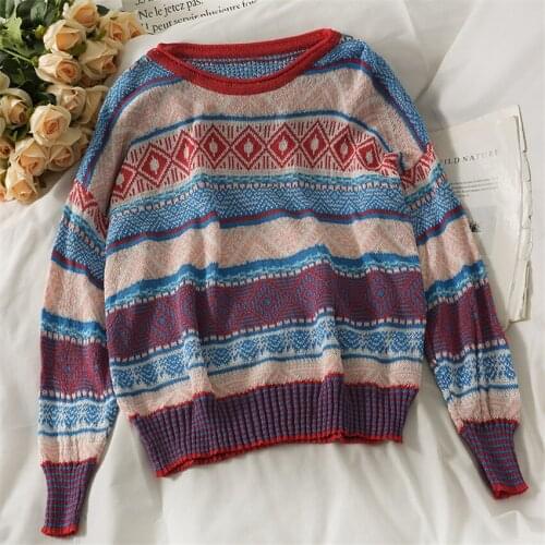 Bohemian Style Retro Plaid Sweater Knitted Pullover Women Long Sleeve Autumn Winter Knitwear Casual loose Pull Femme
