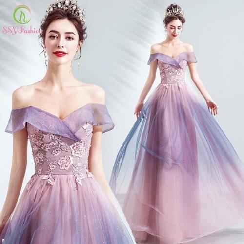 SSYFashion New Romantic Gradient Pink Evening Dress Banquet Elegant Boat Neck Lace Beading Long Formal Gowns Vestido De Noche
