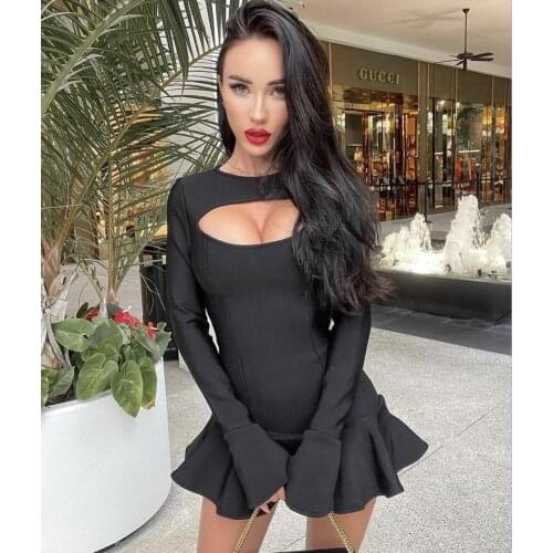 Women Spring Sexy Long Sleeve Key Hole White Black Mini Pleated Bodycon Bandage Dress 2021 Elegant Evening Party Dress Vestidos