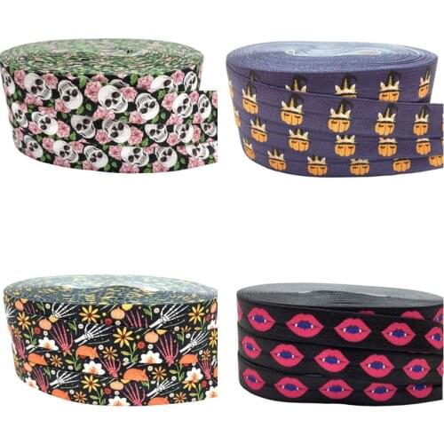 10 Yard 5/8" Flower Skull Pumpkin Print FOE Halloween Fold Over Elastic Spandex Satin Band Hair Tie Headband Tutu Dress Sewing