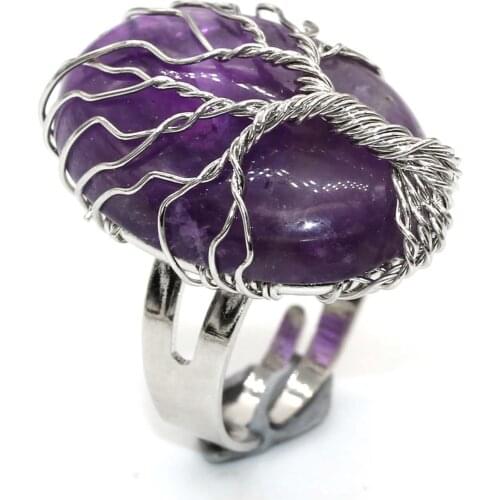 100-Unique 1 Pcs Silver Plated Handmade Wire Wrap Oval Shape Adjustable Finger Ring Natural Amethysts Stone Jewelry