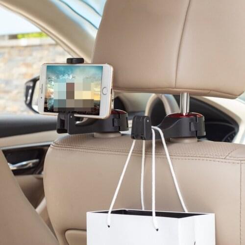 Car Multi-function Mobile Phone Holder Hook Creative Rear Headrest Black Plastic Hooks Lock Type Clothes Bags Hook Hang Shelf