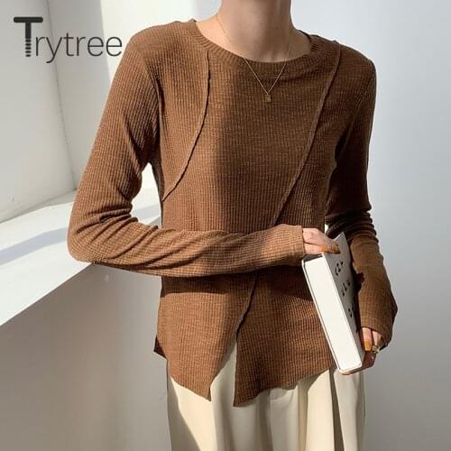 Trytree 2021 Spring Autumn Woman T-shirt Thin Casual O-Neck Solid Cotton Blended T-shirt Elastic Split Hem Basic Tops For Women