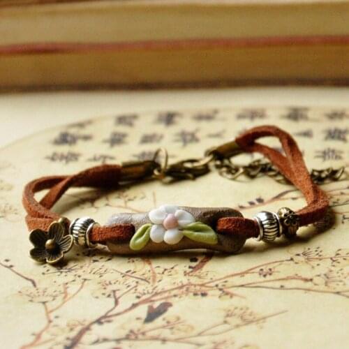 Ceramic Flower Charm Bracelets Leather Chain Wristbands Silver Color Beads Strand Bangles Women Men Jewelry Accessories