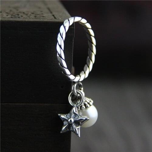 C&R 925 Sterling Silver Rings for Women Vintage Pearl star Thai Silver Opening ring Fine Jewelry Size 5-7 Adjustable