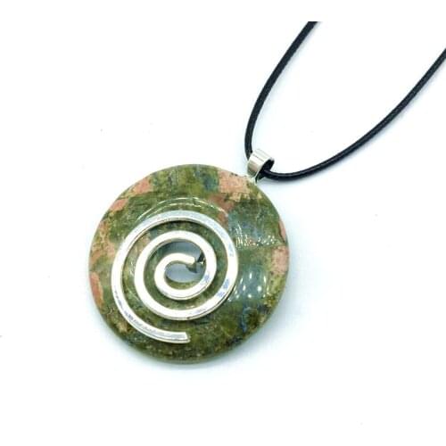 Natural Stone Round Donut 40 mm with Spiral Wire Holder Necklace Pendant with Cord