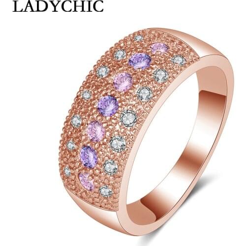 LADYCHIC Trendy Multicolor Austrian Zircon Rose/White Gold Color Rings Women Crystal Wedding Ring Valentines Day Gifts LR1059