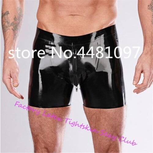 Latex Handmade Sexy Rubber Shorts Pant Mens Latex Underwear Latex Rubber Pouch Shorts Front Zip open crotch panties