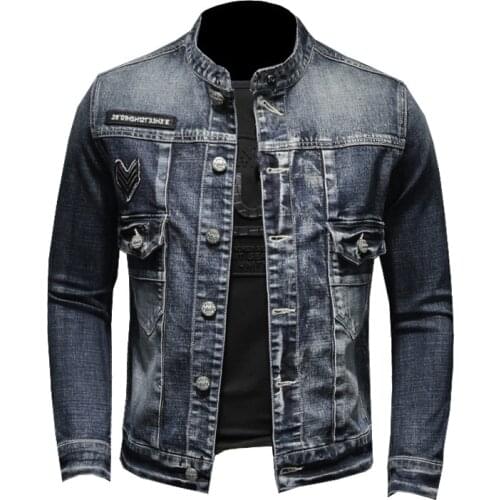 EU Size M-4XL Fashion Mens Stand Collar Badge Embroidered Denim Jacket Male Vintage Trendy Washed Jean Coats Casual Outerwear