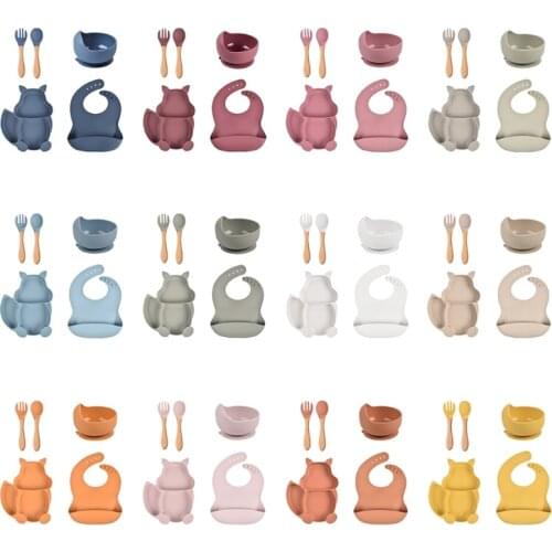 5 PCS Baby Silicone Dish Bib Set Feeding Tableware Baby Kitchenware Multi-Color Bowl Bib Spoon Plate Fork Set