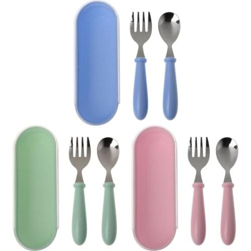 2pcs/lot Baby Feeding Spoon Fork Set Stainless Steel Toddler Infant Tableware Flatware Kids Cutlery with Ant-Dust Box