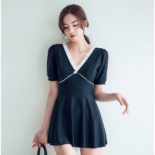 New Korean Summer Fashion Sexy Solid Swimsuit Casual Short Sleeve Ruffles Backless One Pieces Swimsuit Women Swim Suit