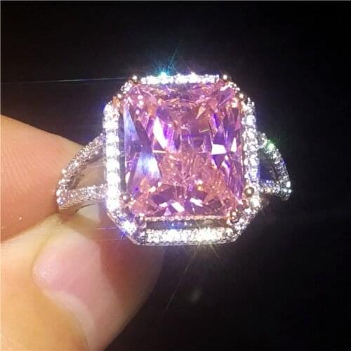Square Pink sapphire ring Silver color Gemstones Cz Engagement wedding band rings for women men Statement Party Jewelry