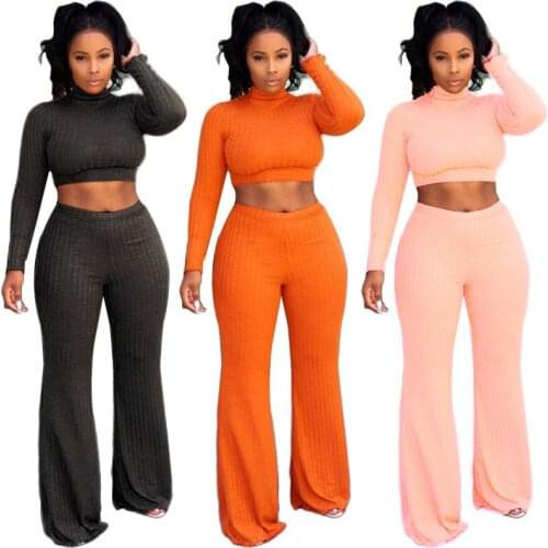 Autumn Winter Europe America Solid Casual Set WOMENS Dress Sunken Stripe Crew Neck Tops Loose Short Top Long Pants Africa