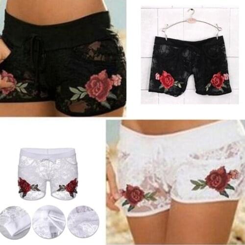 Sexy Woman Shorts Elastic Flower Rose Printed Shorts For Summer Transparent Lace Hollow Out Polyester Material 2021 New