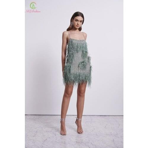 SSYFashion New Green Cocktail Dresses for Women Sexy Mini Spaghetti Strap Feathers Short Party Formal Gowns Vestido De Noche