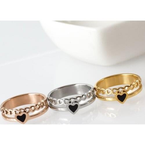 Vintage Stainless Steel Women Men Charm Love Heart Rings Classic Black Resin Gold Plating Hollow Ring Female Jewelry Gift