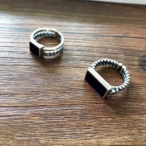 LIVVY Silver Color Black Drop Glaze Square Open Rings for Women Men Vintage Jewelry Party Accessories Gifts