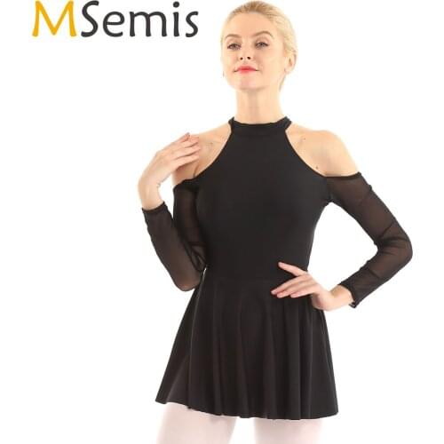 Adult Ballet Dress Gymnastics Leotard for Womens Cut Out Shoulder Long Sleeves Splice Back Contemporary Lyrical Dance Costumes