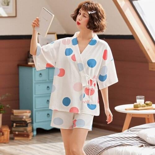 Women new summer cotton ladies pajamas fresh cardigan Japanese kimono half sleeve belted casual two piece pajama sets pajama set