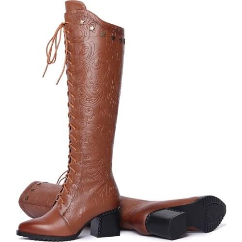 Fashion Embossing Plaid Runway Natural leather Boots Women Knee High Boots Pointed Toe Strange High Heel Ladies Chelsea Boots