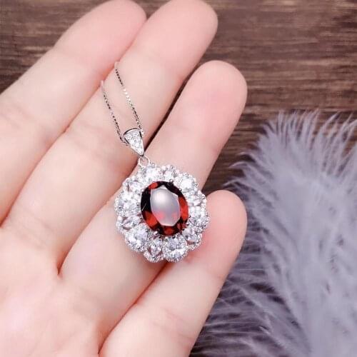 Natural red garnet pendant S925 silver Natural gemstone Pendant Necklace trendy elegant round Sun flower women party jewelry