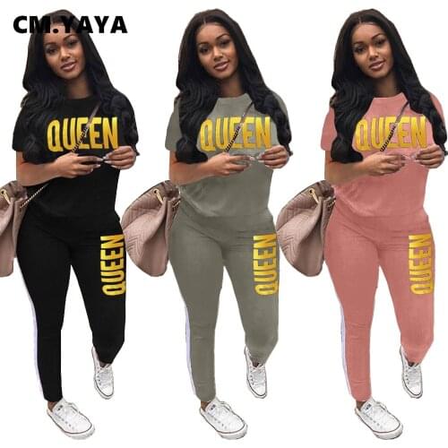 CM.YAYA Active Queen Striped Sweatsuit Womens Set Tee Tops Jogger Pants Set Sporty Tracksuit Two Piece Set Fitness Outfit 2021