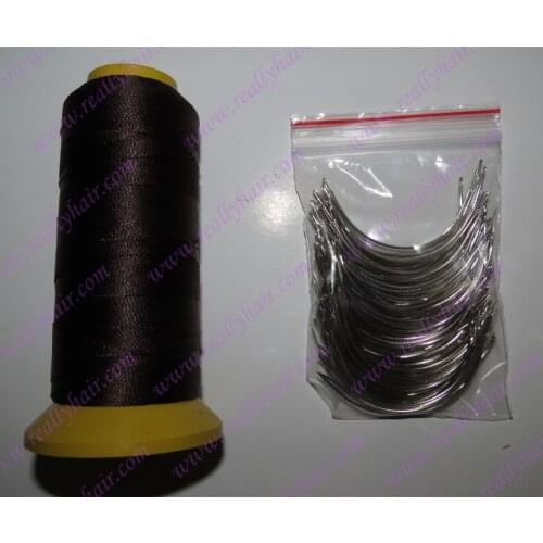 Free shipping 90mm long C weaving needles 144PCS Curved needles+ 1 roll Dark brown high strength Polyester thread for weft