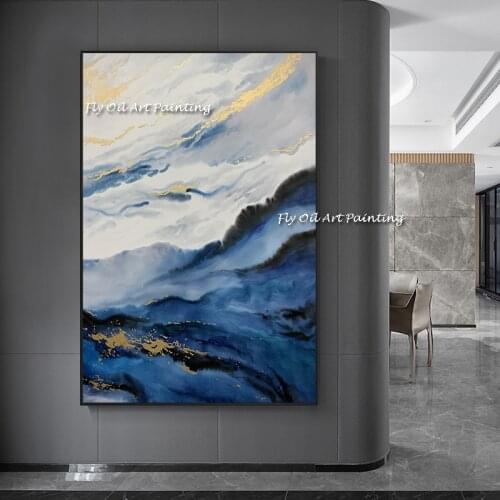 Abstract Oil Painting Handmade Gold Cloud Blue Mountain Wall Art Picture Paintings On Canvas Living Room Home Decor Unframed
