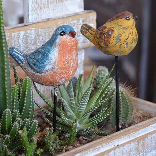 American Country Style Home Garden Lawn Flower Planter Decor Small Size Cute Cement Bird Plug In Hand Paint Blue Yellow Colors