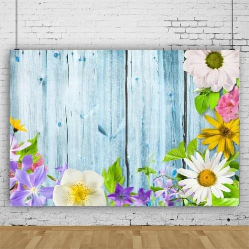 Planks Backdrop Baby Blue Wooden Board and Flowers Photography Background Holiday Celebration Photo Booth Studio Decor